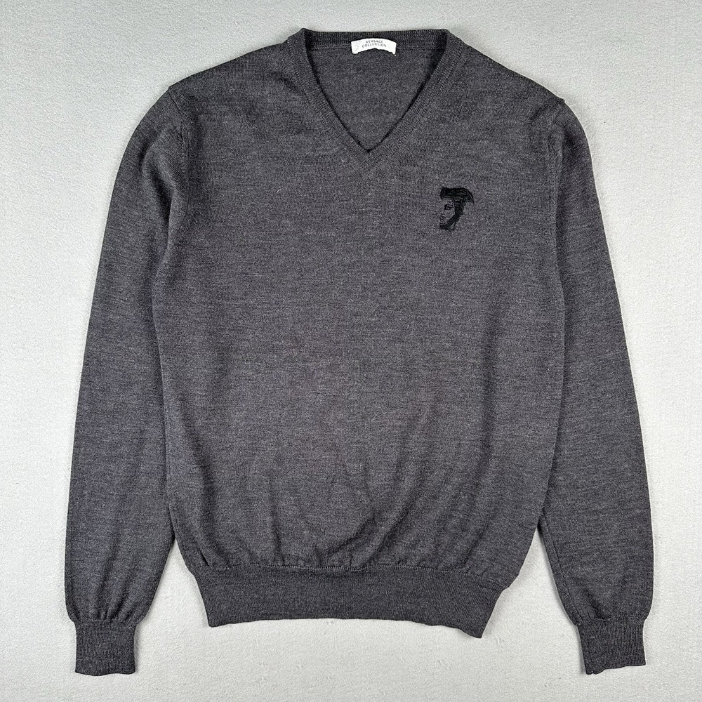 Versace Collection V Neck Sweater Men's Large Gray Medusa Embroidered Wool